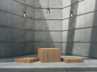 Wooden pedestal for display,Platform for design,Blank product stand with concrete empty room.3D rendering.