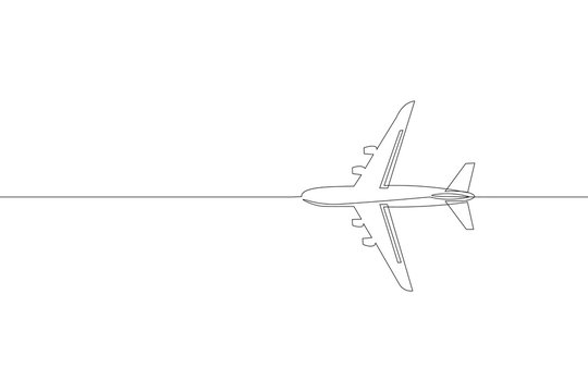 Continuous one single line art passenger airplane travel concept. Fast flying to the left plain cargo trip white sky business hand drawn sketch. Aviation transport tourism vector illustration