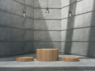 Wooden pedestal for display,Platform for design,Blank product stand with concrete empty room.3D rendering.
