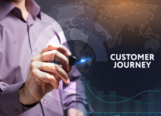The concept of business, technology, the Internet and the network. A young entrepreneur working on a virtual screen of the future and sees the inscription: Customer journey