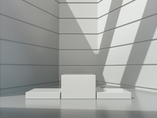 Pedestal for display,Platform for design,Blank product,White room and lateral lights.3D rendering.