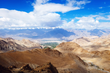 Landscape view of Leh city with blue sky and cloudy in Leh, Ladakh India