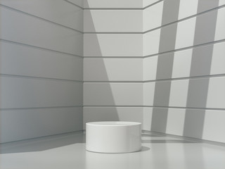 Pedestal for display,Platform for design,Blank product,White room and lateral lights.3D rendering.