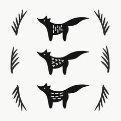 Black fox Vector illustration in scandinavian style. Blank for Christmas greeting card