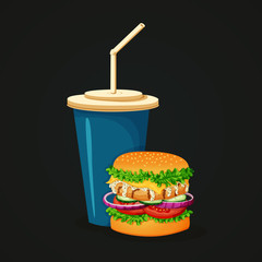 Grilled chicken burger and drink icon.