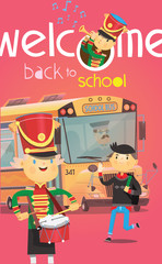 Welcome back to school poster with school bus and children greeting each other in the beginning of the year