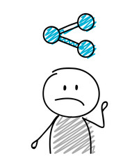 Stickman with sad facial expression holiding share (social media) icon. Vector.