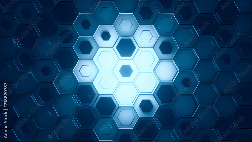 Fototapete hexagonal geometric background. abstract structure of lots of different height hexagons with glow in