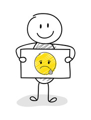 Funny stickman with crying (sad) emoticon. Vector.