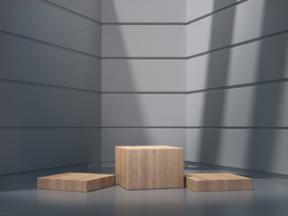 Wooden pedestal for display,Platform for design,Blank product stand with empty white room.3D rendering.