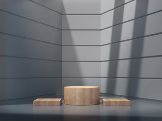 Wooden pedestal for display,Platform for design,Blank product stand with empty white room.3D rendering.