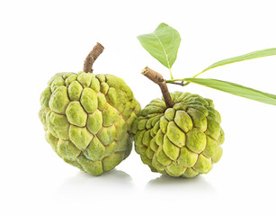 fresh custard apple with leaf isolated on white
