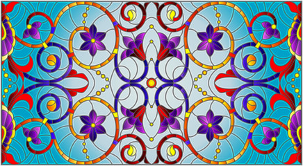 Illustration in stained glass style with abstract  swirls,flowers and leaves  on a blue background,horizontal orientation
