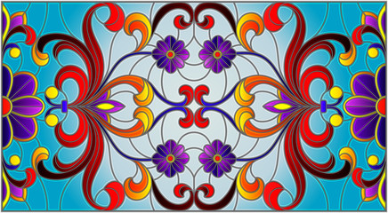 Illustration in stained glass style with abstract  swirls,flowers and leaves  on a blue background,horizontal orientation