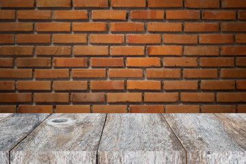 wood table and brick wall for display product