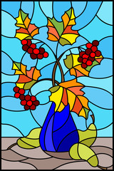 Illustration in stained glass style with still life, Bouquet of branches of viburnum in ceramic vase and yellow pears on a blue background