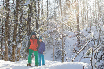 Fototapeta na wymiar Pair of female friends snowshoeing in forest.