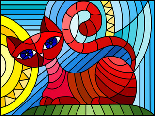 Naklejki  Ilustracja w stylu witrażu z abstrakcyjnym czerwonym geometrycznym kotem na niebieskim tle