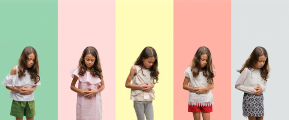 Collage of brunette hispanic girl wearing different outfits with hand on stomach because nausea,...