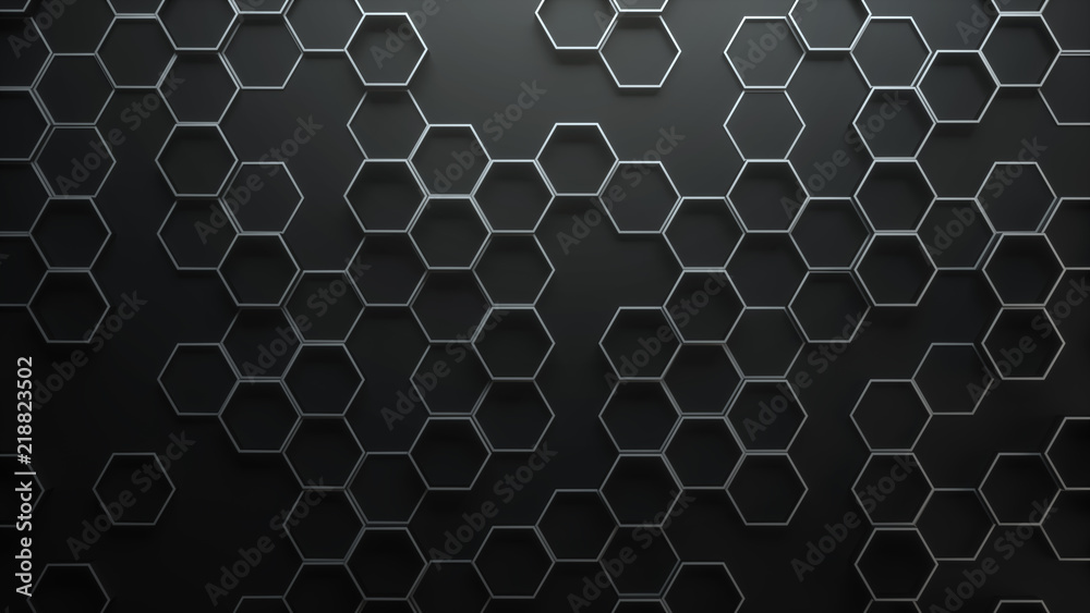 Poster set of metal hexagons on dark plane. creative honeycomb geometric structure. tech pattern of cell el