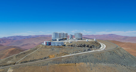 In the Atacama Desert of Chile, Aerial view of the Observatory over the Paranal hill