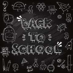 Fototapeta na wymiar Funny school doodles on blackboard background. Back to school vector illustration