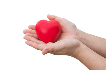 Obraz na płótnie Canvas Red heart ball : Stress reliever foam ball the red heart shape on woman hand isolated on white background with clipping path