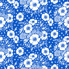 Hand drawn seamless pattern of bouquet of wildflowers on a blue background