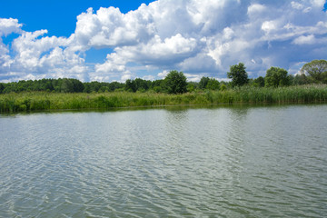 A beautiful image of landscape from the center of the river, surrounded by trees and reeds on the shore and distant horizon against the blue sky in clouds. Reflection, water, tourist destination