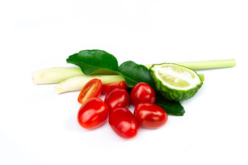 Ingredients, lemongrass,Cherry tomatoes, kaffir lime leaves  isolated on white background