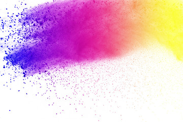 Abstract of colored powder explosion on white background. Multicolor powder splatted isolate. Colorful cloud. Colorful dust explode. Paint Holi.