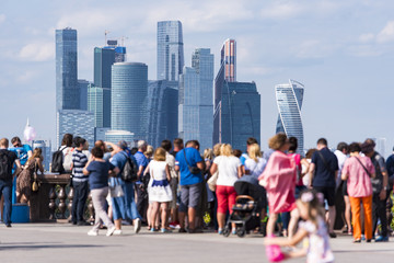 People at the Sparrow Hills, tourists in front of Moscow City business centre in Moscow in Russia
