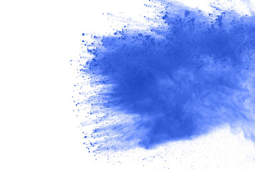 Blue powder explosion on white background. Colored cloud. Color dust ex