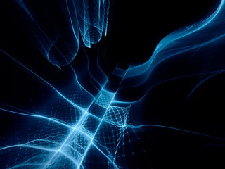 Abstract blue toned background element on black. Dynamic 3d composition of curves and grids. Detailed fractal graphics. Data science and digital technology visualization.