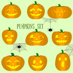 Set of halloween pumpkins, funny faces in cartoon style. Spiders and cobwebs. Autumn holidays. Vector illustration EPS10.