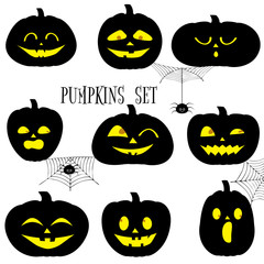 Set of black halloween pumpkins, funny faces in cartoon style. Spiders and cobwebs. Autumn holidays. Vector illustration EPS10.