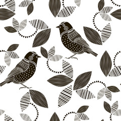 Monochrome floral pattern with birds. Abstract seamless background.
