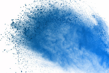 Blue powder explosion on white background. Colored cloud. Color dust explode. Paint Holi.