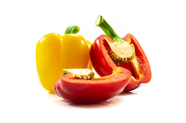 Red, yellow bell pepper top view isolated on white background