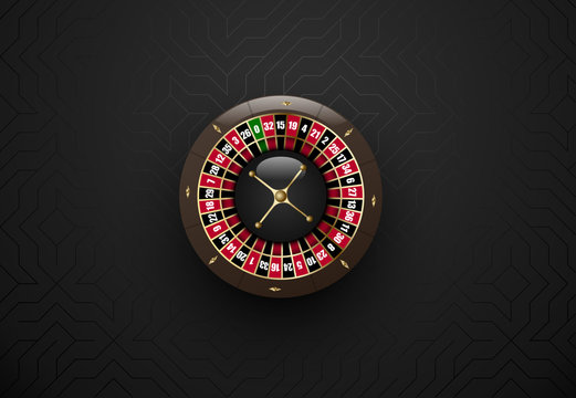 Vector Black Casino Gambling Roulette Wheel. Dark Silk Geometric Background. Online Casino Web Banner, Logo Or Icon.