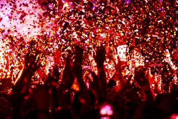 Fototapeta na wymiar Thousands on confetti fired during a concert. Silhouette of hands in the air. Happy people. Red tone