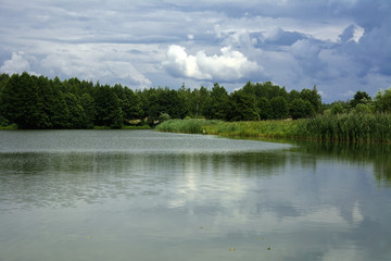 A beautiful image of landscape from the center of the river, surrounded by trees and reeds on the shore and distant horizon against the blue sky in clouds. Reflection, water, tourist destination