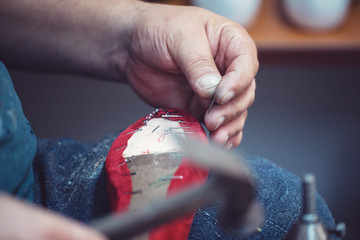 Shoemaker workshop for making shows artisan handmade manufacturing leather shoes. Shoe manufacture business for traditional vintage shoe making, craft boots in traditional style