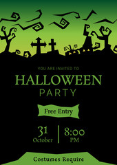 happy halloween roughen silhouette background, green night party greeting, vector illustration