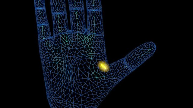 Glowing Implant inside hand .  Wifi signal. 3d animation. Camera zoom out