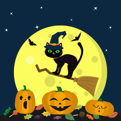 A Halloween cat in a witch hat flies on a broomstick against a full moon at night. Three pumpkin Halloween, candy and leaves, volatile vampires and stars. Autumn holiday.