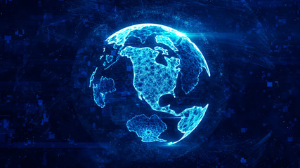 Digital globe made of plexus bright glowing lines. Detailed virtual planet earth. Technology structure of connected lines, dots and particles forming world. North america continent. 3d rendering