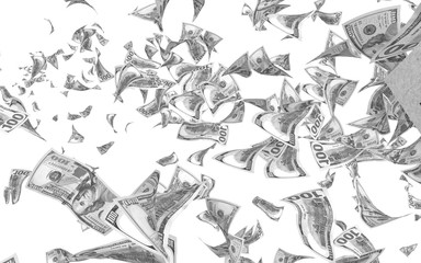 Flying dollars banknotes isolated on white background. Money is flying in the air. 100 US banknotes new sample. Black and white style. 3D illustration