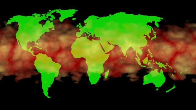 Hot air , heat covering Earth, world map. 3d animation 
