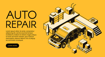 Auto repair vector illustration of car service advertisement poster. Garage station car lift and tools for vehicle mechanic diagnostic in isometric black thin line design on yellow halftone background
